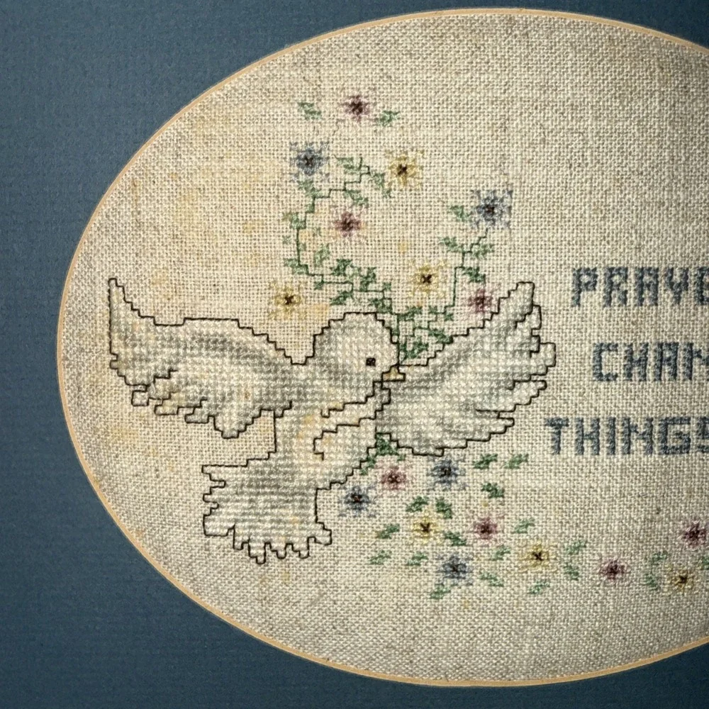 Vintage Needlepoint Picture 10x13 White Framed Matted Dove Prayer No Glass